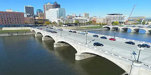 An aerial view of the Court Avenue Bridge spanning the Des Moines River in Des Moines, Iowa.