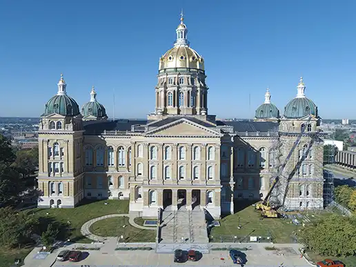 An aerial view of the Iowa State Capitol.