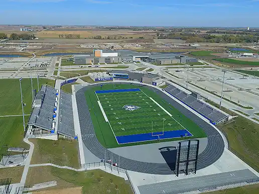 An aerial view of the football field at Waukee Northwest High School.