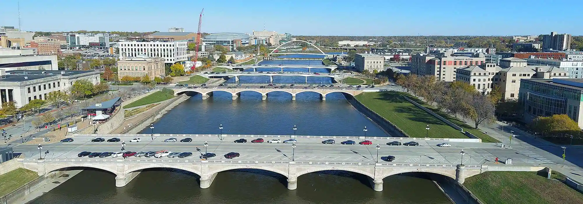 An aerial view of the Court Avenue Bridge spanning the Des Moines River in Des Moines, Iowa.