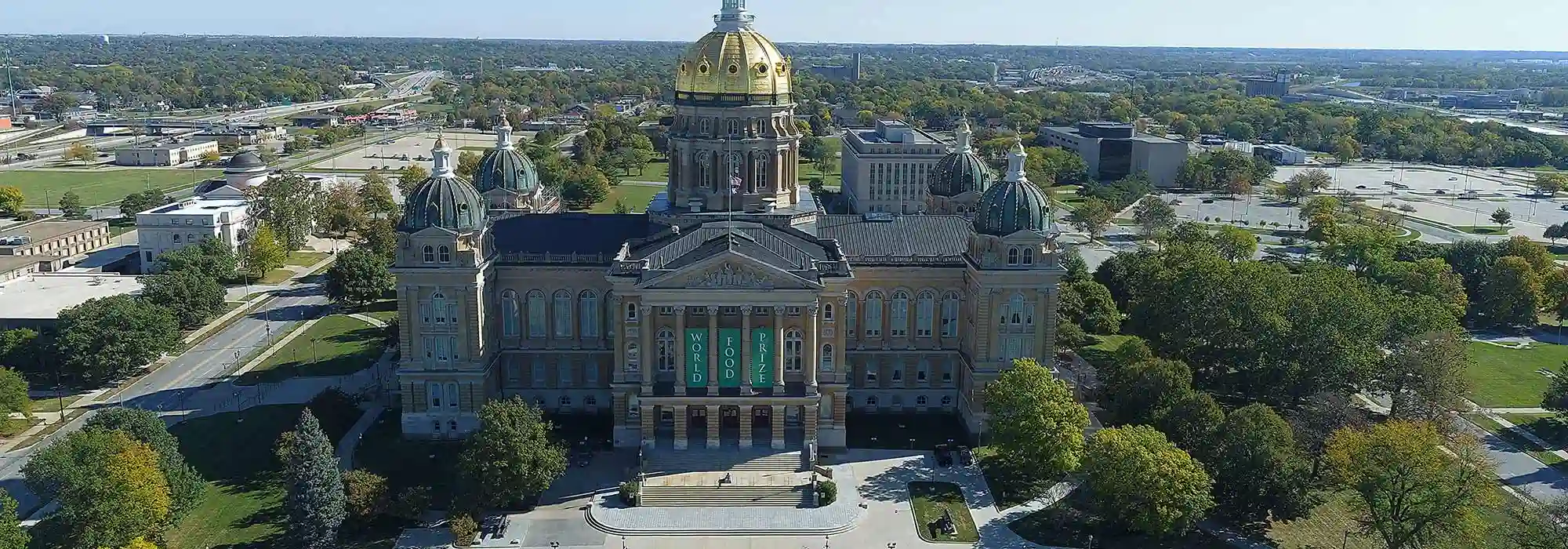 An aerial view of the Iowa State Capitol.
